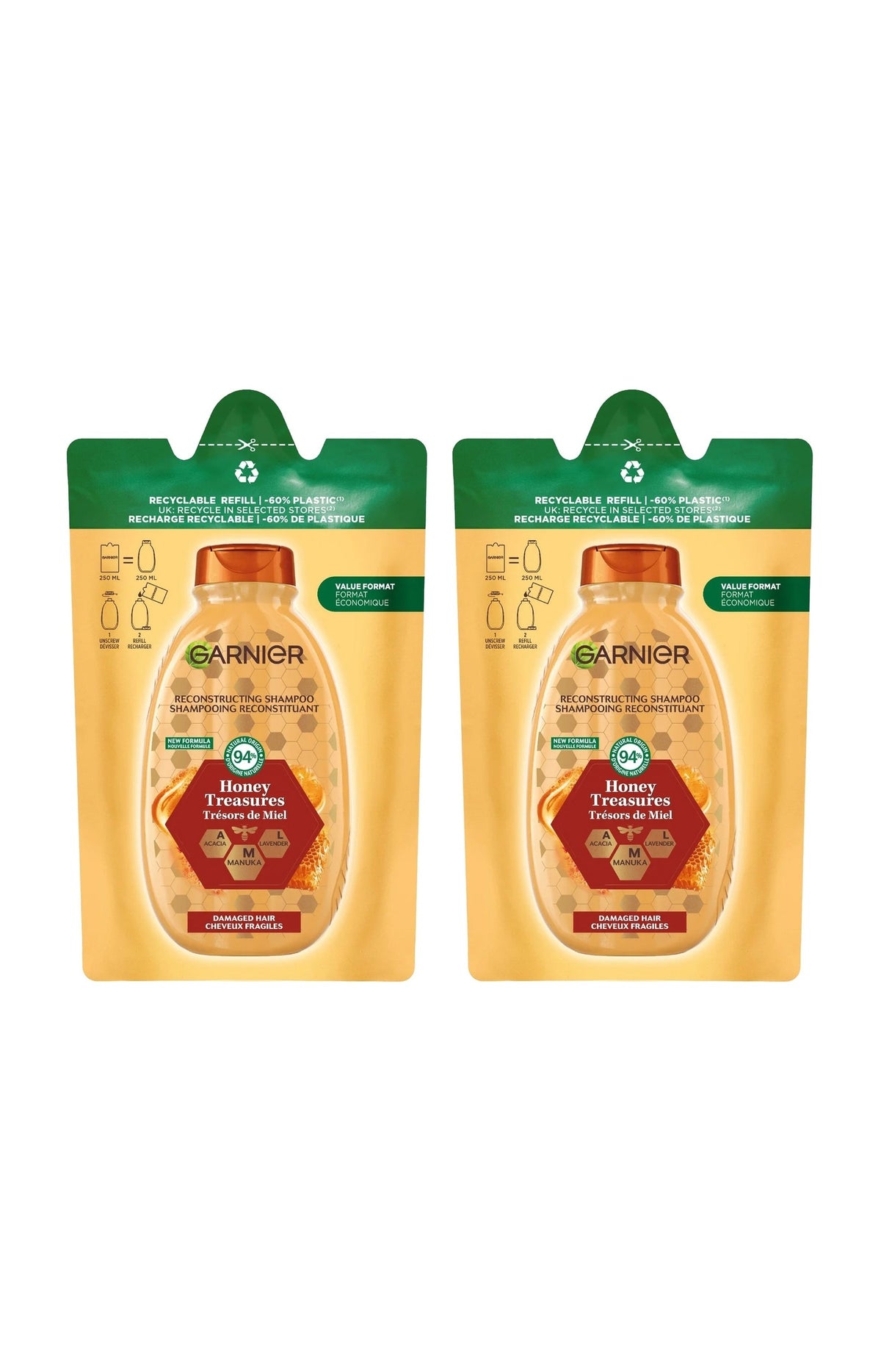 Eco-recharges shampoings reconstituants - Trésors de miel - 2 x 250 ml