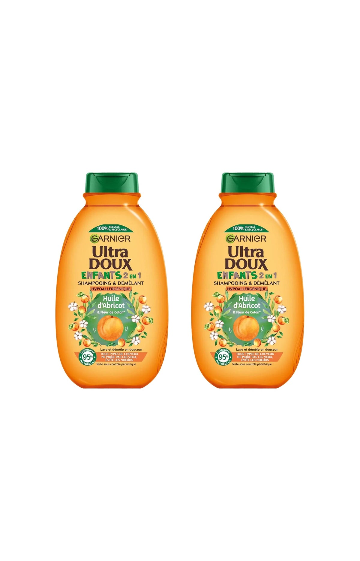2 shampoings démêlants 2-en-1 - Huile d'abricot & Fleur de coton - Enfant - 600 ml