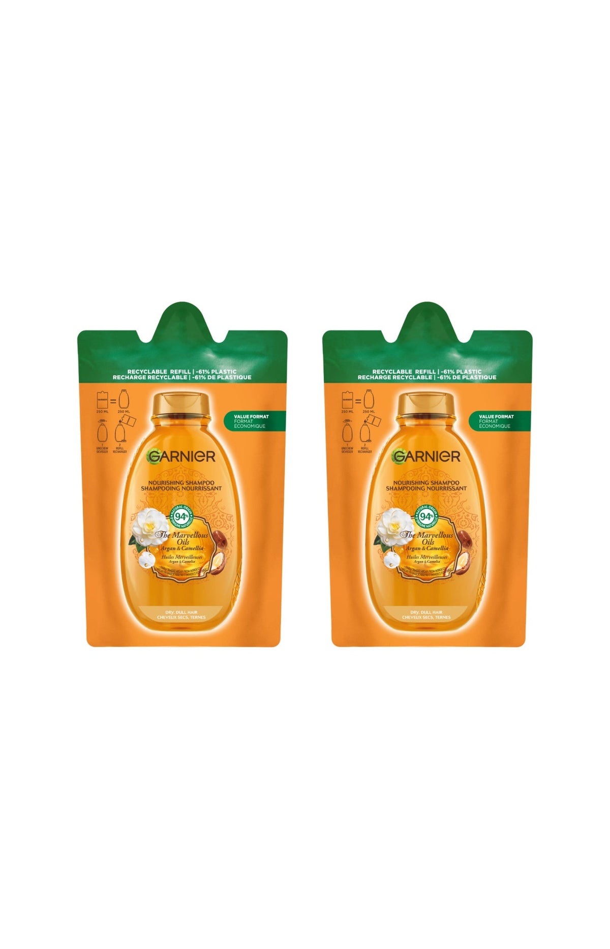 2 recharges shampoing nutrition - Argan & Camélia - 250 ml