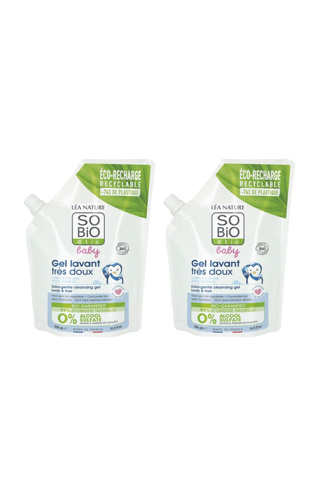 Eco-recharges gel lavant très doux bio - Aloe vera - Corps & cheveux - Bébé - 2 x 500 ml