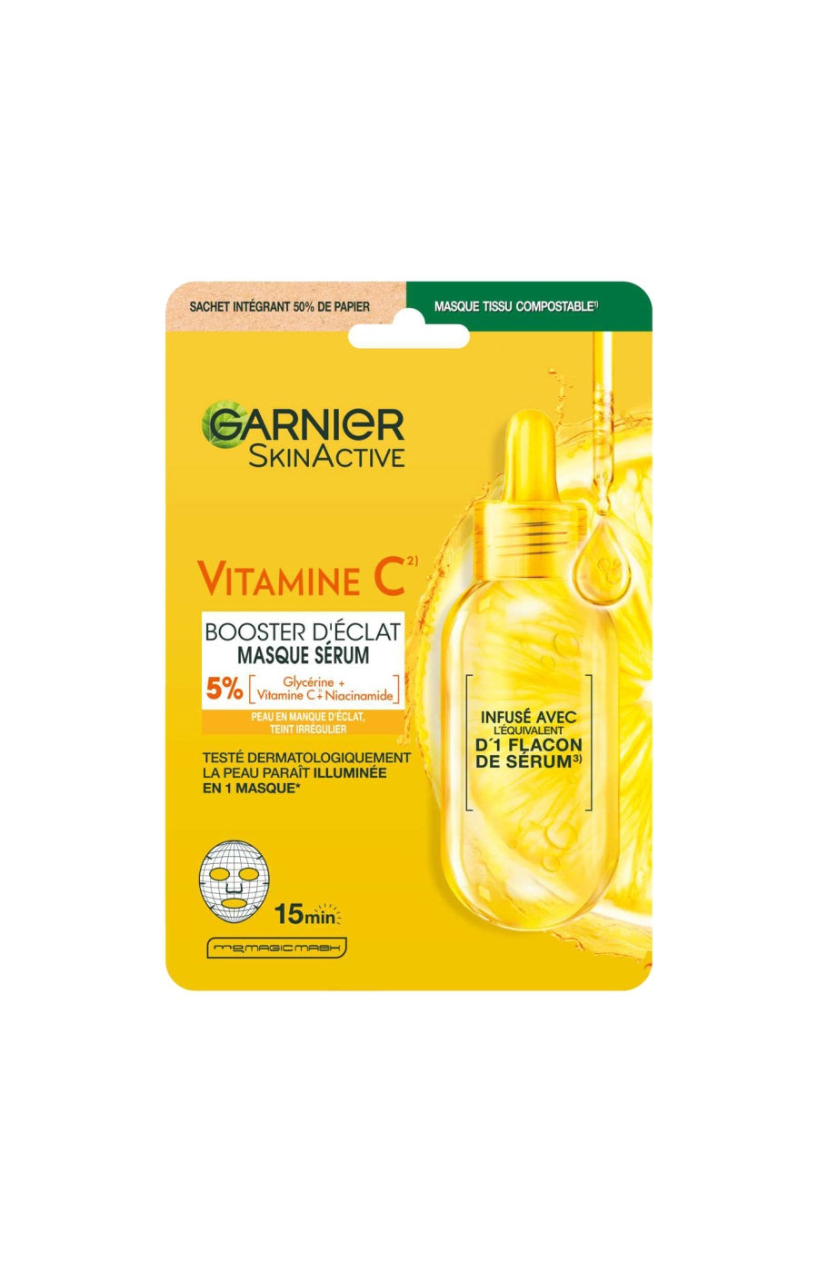 3 masques en tissu booster d'éclat - Vitamine C & acide hyaluronique - Visage