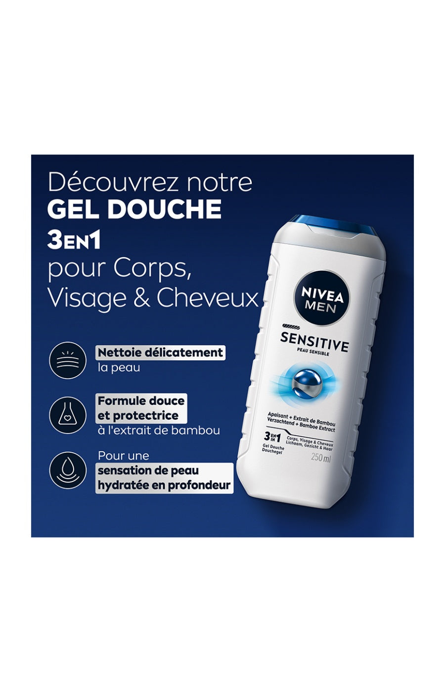 Gels douche aux extraits de bambou - Peaux sensibles - Homme - 3 x 500 ml