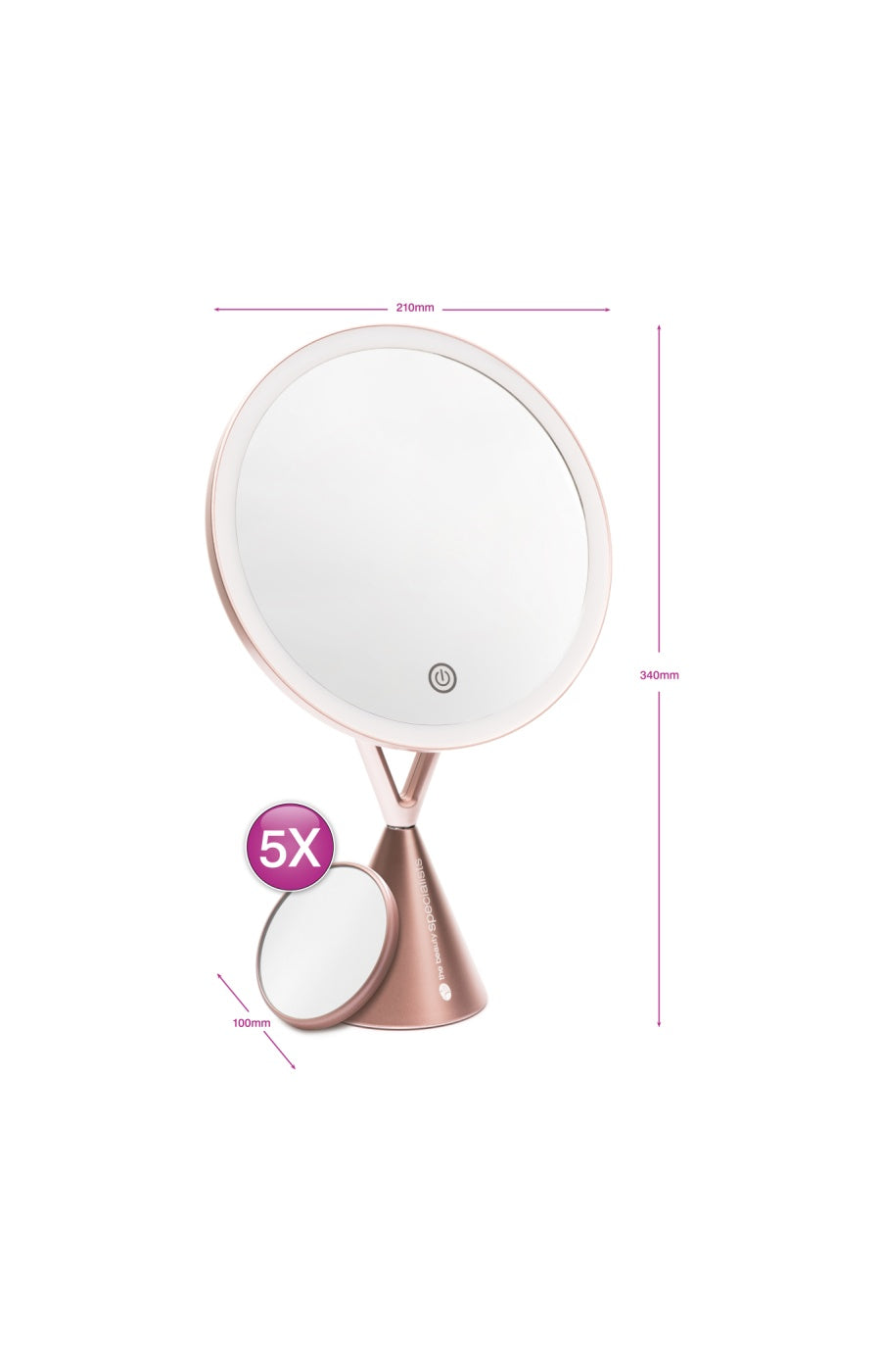 Miroir maquillage LED - Grossissement 5x - Rose gold
