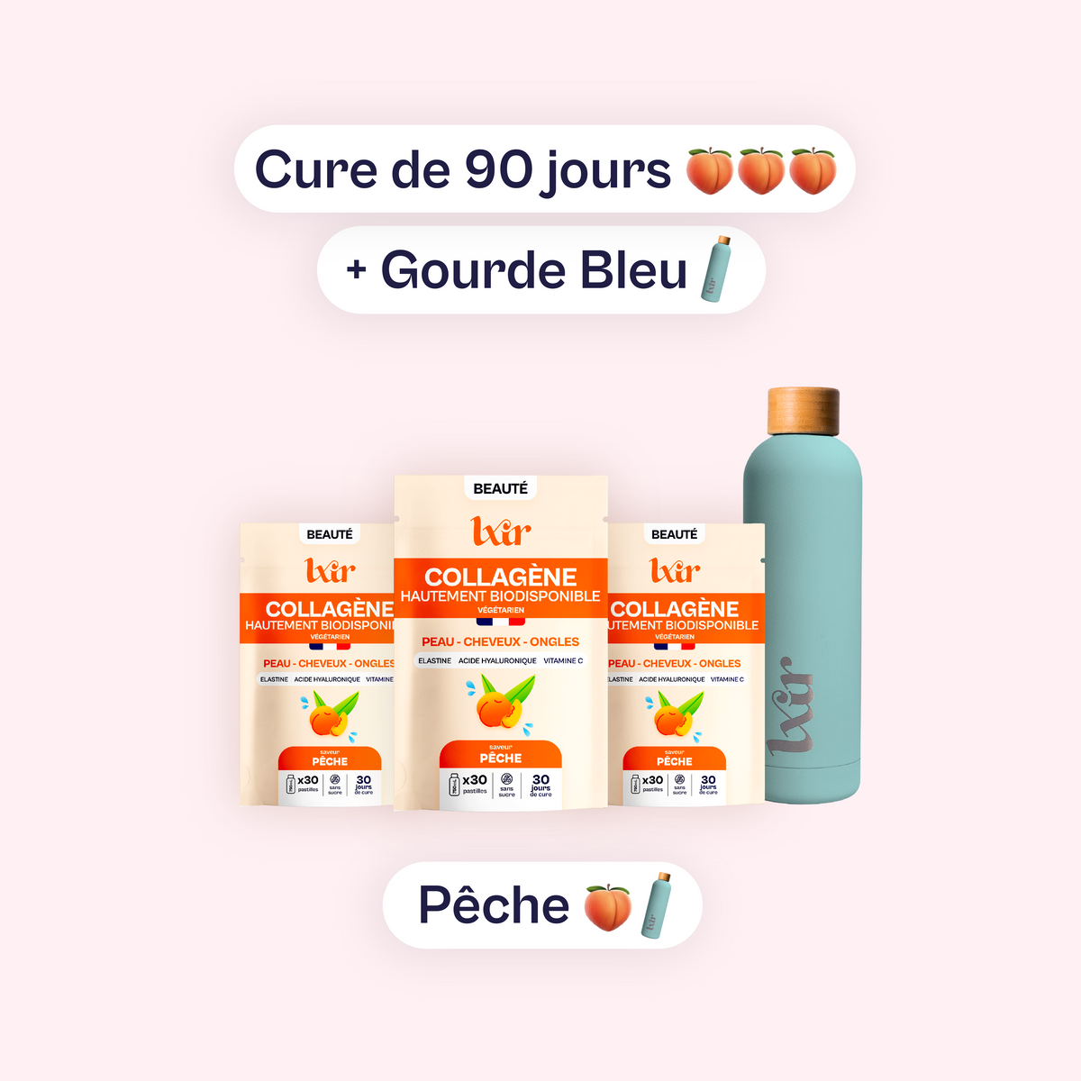 Collagène Pêche - Cure 90 jours + gourde Bleu