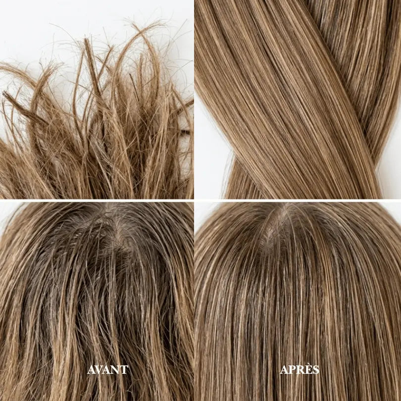 Avant/après de cheveux après un soin hydratant BRILLË
