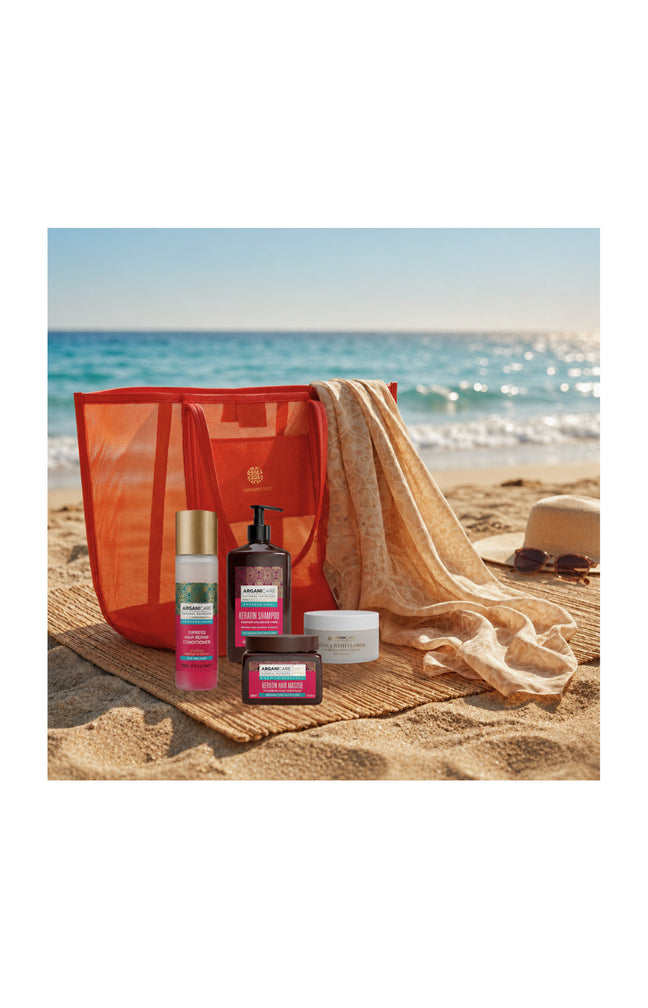 Sac de plage Summer Glow Kératine – Soin réparateur & entretien du lissage – 6 produits