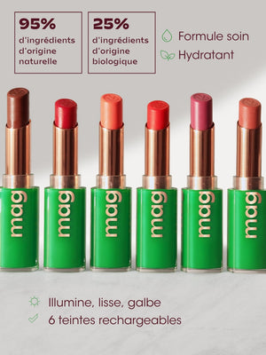 6 rouges à lèvres rechargeables verts, formule hydratante, 95% ingrédients naturels, teintes lumineuses